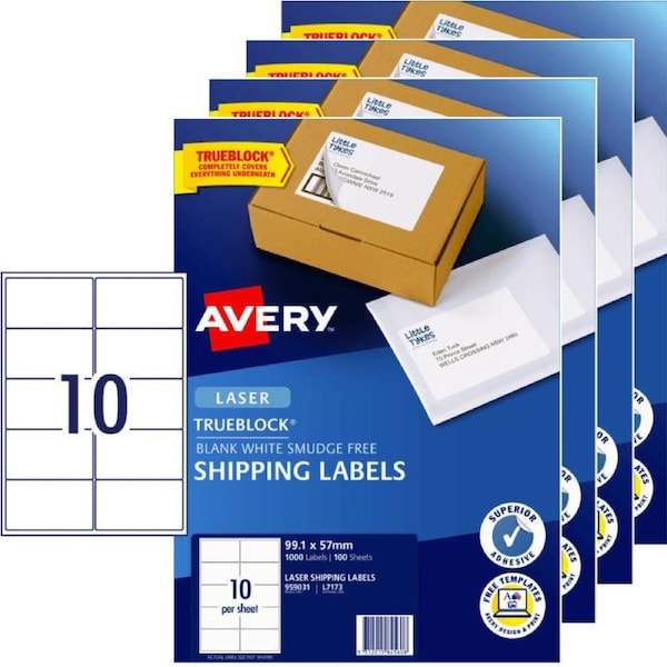 Avery 959031 L7173 Trueblock Shipping Label Laser 10/Sheet White 100 Sheets Pack 4