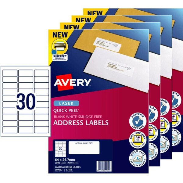 Avery 959062 L7158 Address Labels Sure Feed Laser 30/Page White 100 Sheets Pack 4
