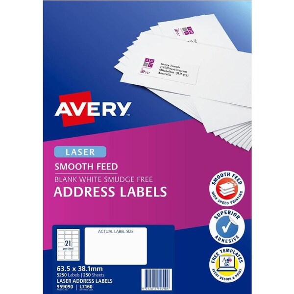 4 Packs Avery 959090 L7160 Address Labels Smooth Feed Laser 21/Sheet White 250 Sheets