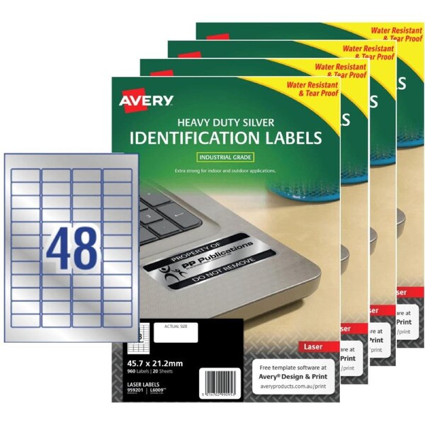 4 Packs Avery 959201 L6009 Heavy Duty Laser Labels Silver 48/Page 20 Sheets