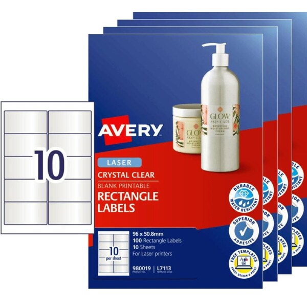 4 Packs Avery 980019 L7113 Crystal Clear Rectangle Labels 10/Page Pack 10 Sheets