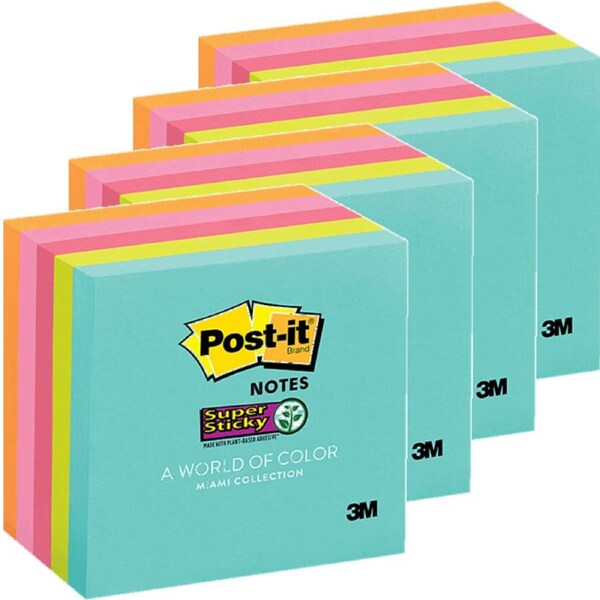 4 Packs Post-It Super Sticky Notes 76x76mm Miami Bright Colours Square 5 Pads Assorted
