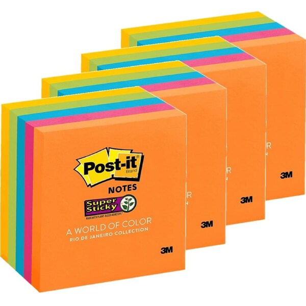 4 Packs Post-It Super Sticky Notes 76x76mm Rio De Janeiro Colours Square 5 Pads Assorted Colours