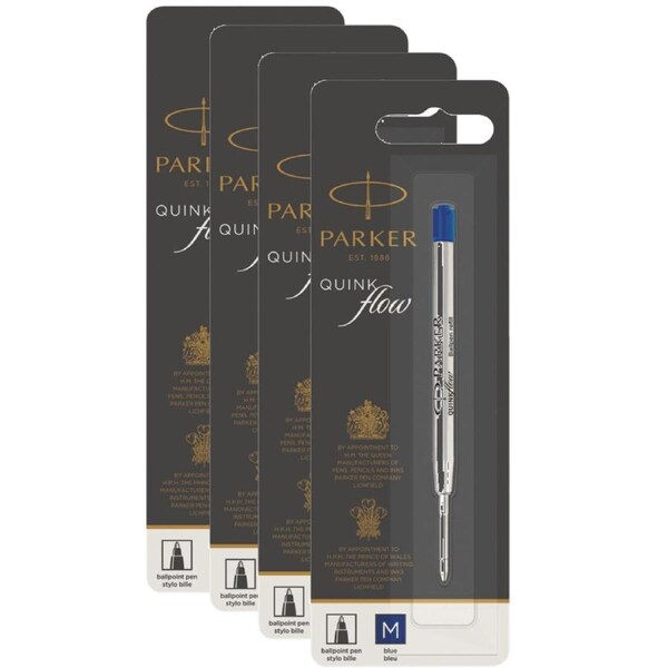 4x Parker Quinkflow Pen Refill Ballpoint Medium Nib Blue