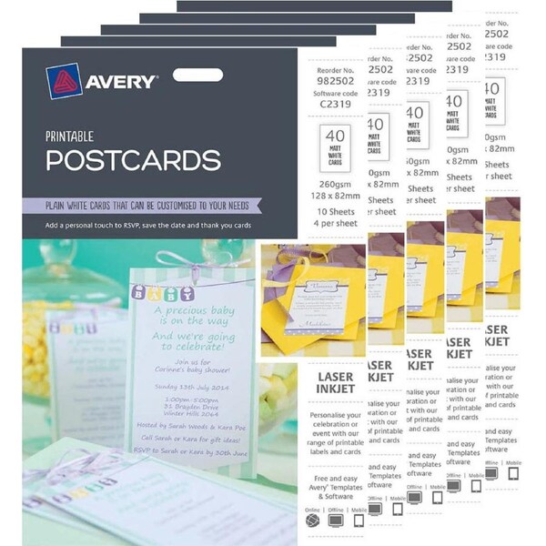 5 Pack Avery 982502 C2319 Postcards White Printable 40/Pack Post Cards
