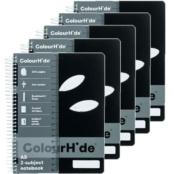 5 Pack Colourhide 2-Subject Notebook 300 Page A5 Black