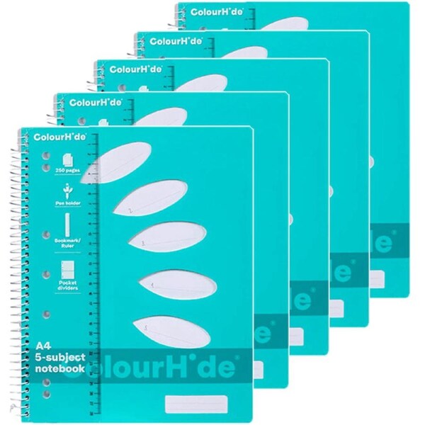 5 Pack Colourhide 5-Subject Notebook 250 Page A4 Aqua