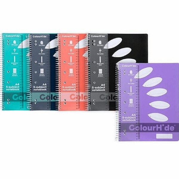 5 Pack Colourhide 5-Subject Notebook 250 Page A4 Assorted Colours
