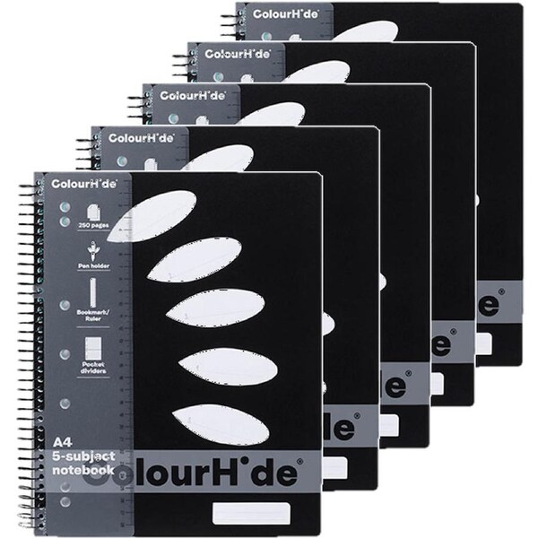 5 Pack Colourhide 5-Subject Notebook 250 Page A4 Black