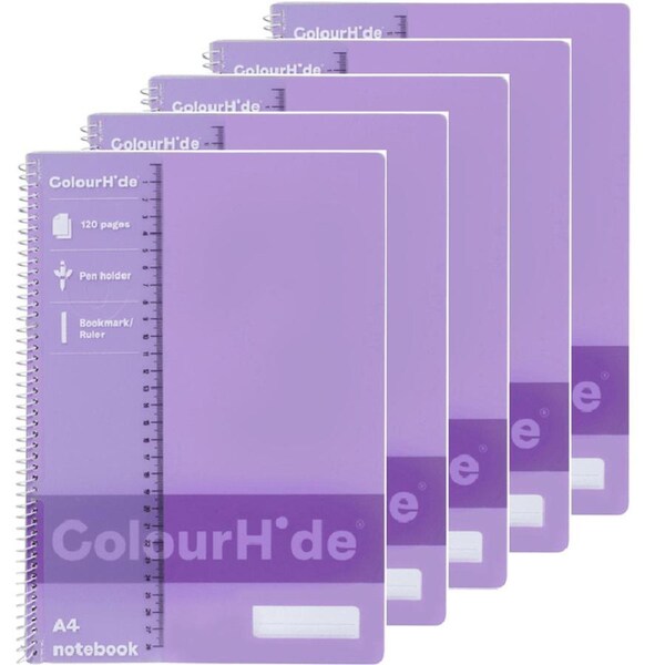 5 Pack Colourhide Notebook 120 Page A4 Purple