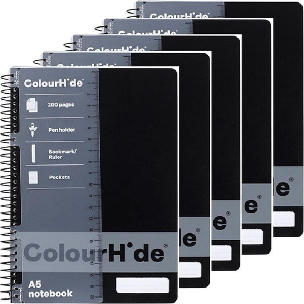 5 Pack Colourhide Notebook 200 Page A5 Black