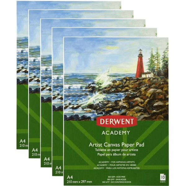 5 Pack Derwent Academy Artists Canvas Paper Pad 300gsm 10 Sheets A4