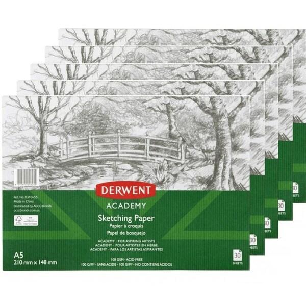 Derwent Academy Sketching Drawing Pad Landscape 30 Sheets A5 Artists 5 Pack
