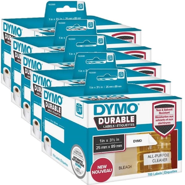 5 Pack Dymo 1933081 LW Durable Labels 25x89mm Black On White Box 700