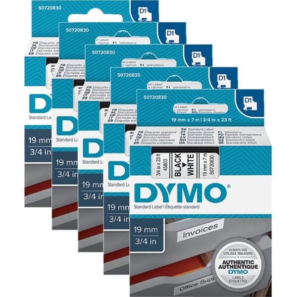 5 Pack Dymo 45803 D1 Labelling Tape 19mmx7m Black On White