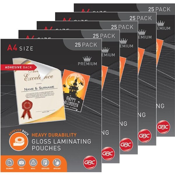 5 Pack GBC Adhesive Backing Laminating Pouch 125 Micron A4 Clear Box 25