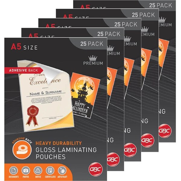 5 Pack GBC Adhesive Backing Laminating Pouch 125 Micron A5 Clear Box 25