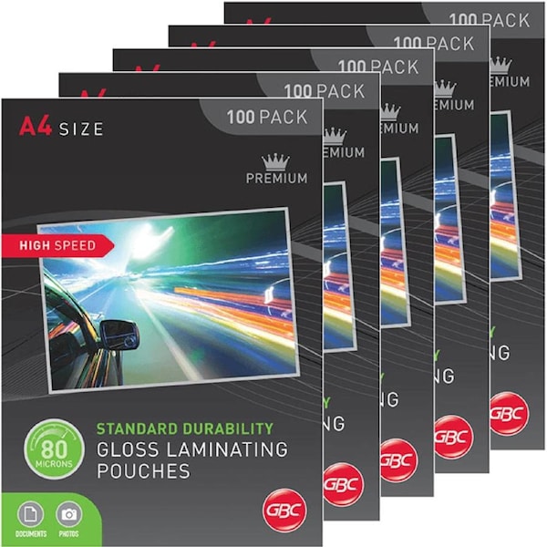 5 Pack GBC High Speed Premium Laminating Pouches 80 Micron A4 Clear 100 Sheets