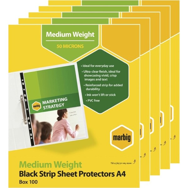 5 Pack Marbig Sheet Protectors Black Edge Strip A4 Box 100 Sheets