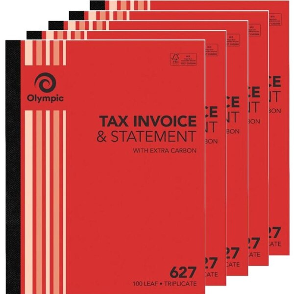 5 Pack Olympic 627 Triplicate Tax Invoice & Statement Carbon Book 100 Leaf Bulk