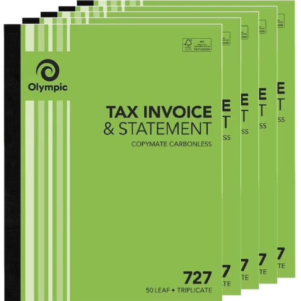 5 Pack Olympic 727 Triplicate Tax Invoice & Statement Book Carbonless Bulk