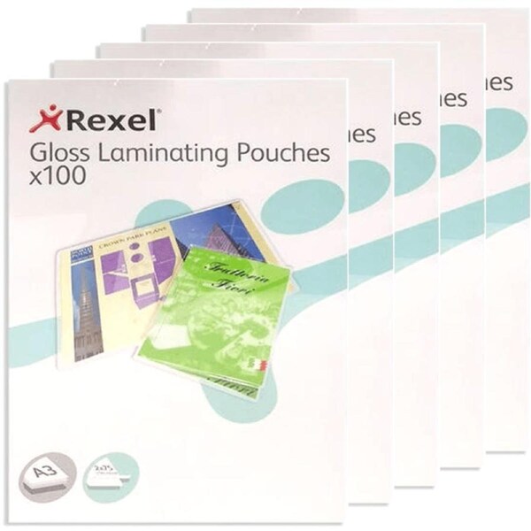Rexel Laminating Pouch 75 Micron A3 Clear Pack 100 Pouches Pack 5