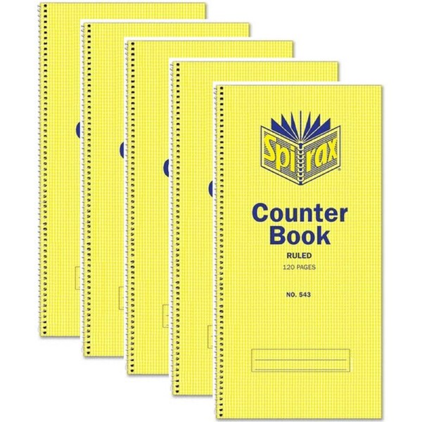5 Pack Spirax 543 Counter Book Spiral Bound Feint Ruled 120 Page 297x135mm