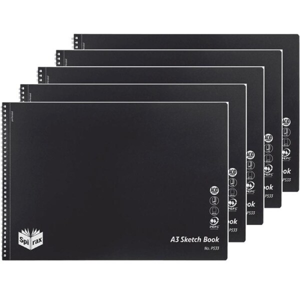 5 Pack Spirax P533 Sketch Book Spiral Bound Side Open 40 Page A3 Black