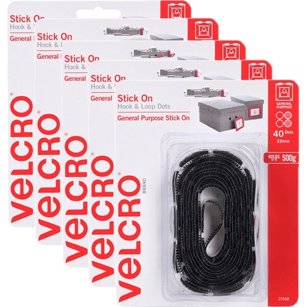 5 Pack Velcro Brand Stick On Hook And Loop Dots Circles 22mm Black Pack 40