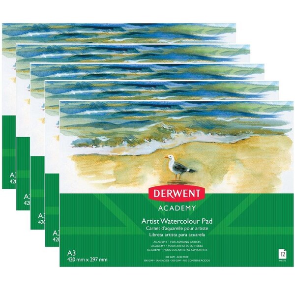 5 Packs Derwent Academy Artist Watercolour Pad Landscape A3 12 Sheets