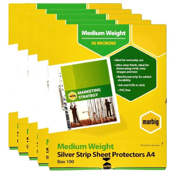 5x Marbig Deluxe Sheet Protectors Silver Strip A4 Box 100 Bulk