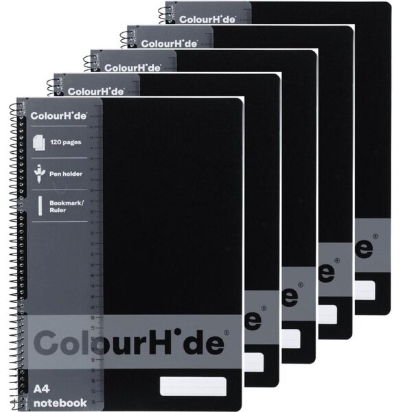 5x Colourhide Notebook 120 Page A4 Black Bulk