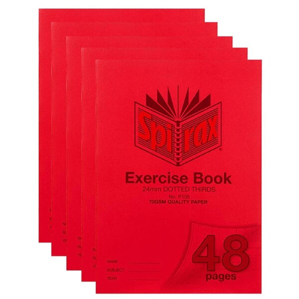 5x Spirax P105 Exercise Book Dotted Thirds 24mm 70gsm 48 Page A4 Red