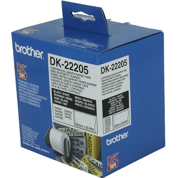 6 Pack Brother DK-22205 Continuous Paper Roll 62mmx30.48m White QL Printers