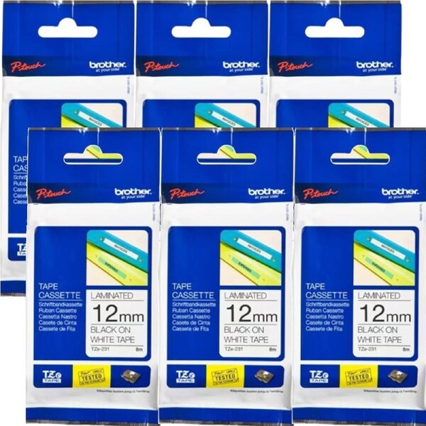 6 Pack Brother TZE-231 Laminated Labelling Tape 12mm Black On White Cassette