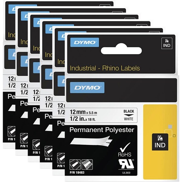 6 Pack Dymo 18483 Rhino Industrial Tape Permanent Polyester 12mm Black On White
