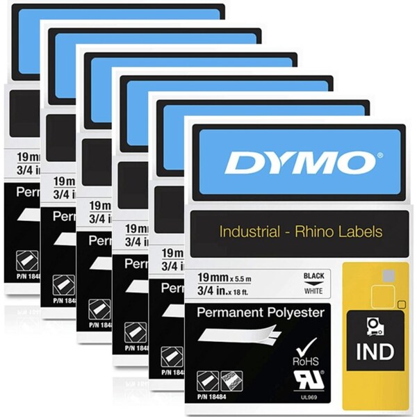 6 Pack Dymo 18484 Rhino Industrial Tape Permanent Polyester 19mm Black On White