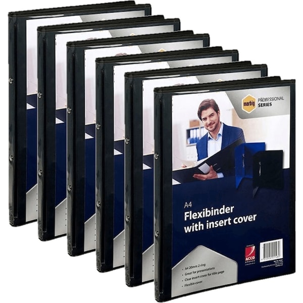 6 Pack Marbig Flexibinder 2 Ring 20mm A4 Clear Cover Black Folder BULK