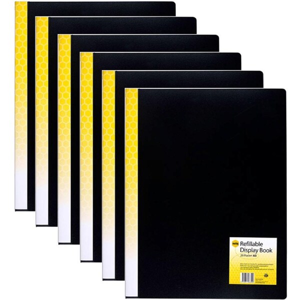 6 Pack Marbig Refillable Display Book Portrait 20 Pocket A3 Black Heavy Duty