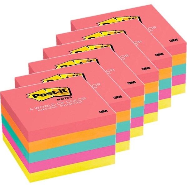 6 Packs Post-It 654 Sticky Notes 76x76mm Square Capetown Assorted Bright Colours Pack 5