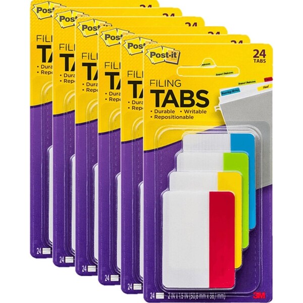 6 Packs Post-It Filing Tabs 50.8x38.1mm Assorted Colours 24 Sets Durable Writable