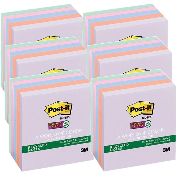 Post-It Notes Recycled Super Sticky 76x76mm Bali Pastel Colours 5 Pads Pack 6