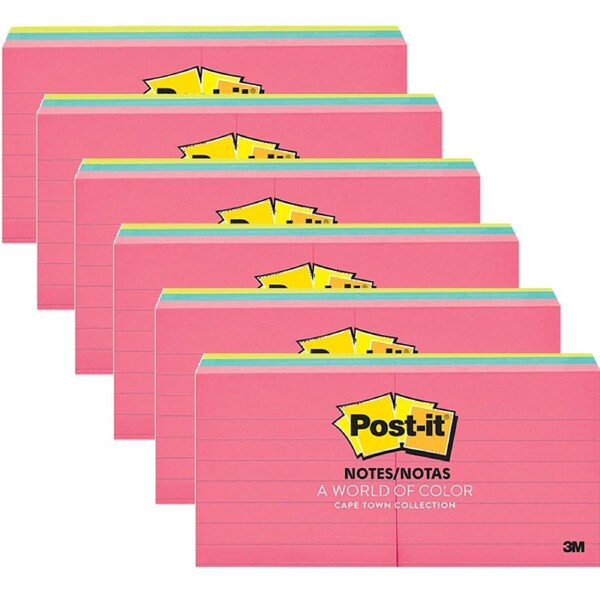 6 Packs Post-It Ruled Lines Notes 73x73mm Capetown Assorted Colours Pack 6 Pads