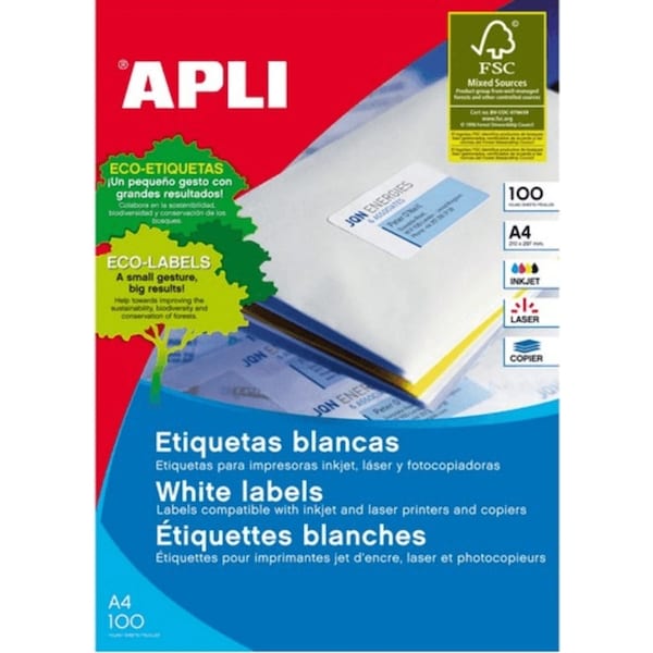 Apli 2422 General Use Labels Round Corners 4/Page 99.1x139.0mm A4 White 100 Sheets