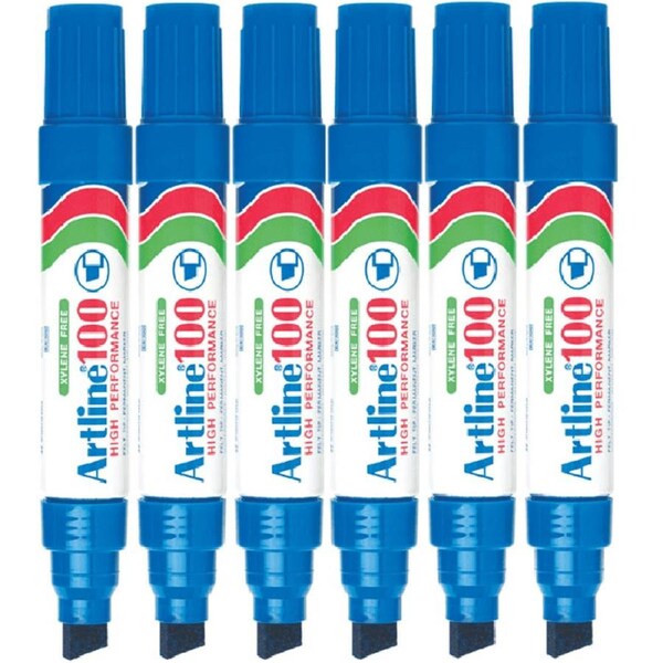 Artline 100 Permanent Marker 12mm Chisel Nib Blue Pack 6