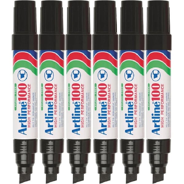 Artline 100 Permanent Marker Thick 12mm Chisel Nib Black Pack 6