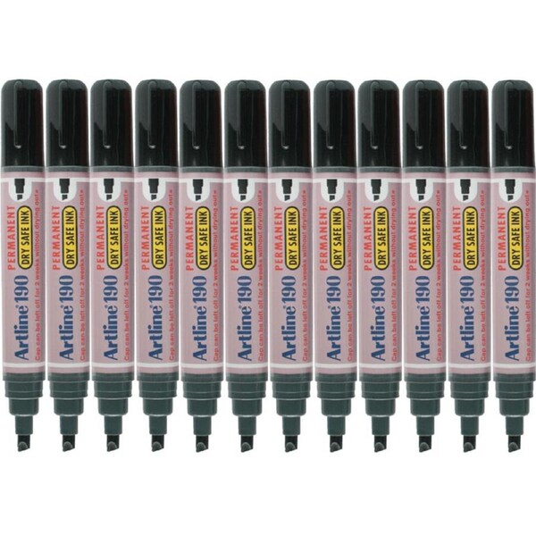 Artline 190 Permanent Marker 5mm Chisel Nib Black Box 12