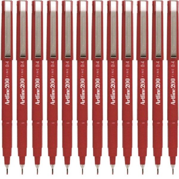 Artline 200 Fineliner Felt Tip Pen 0.4mm Dark Red Box 12)