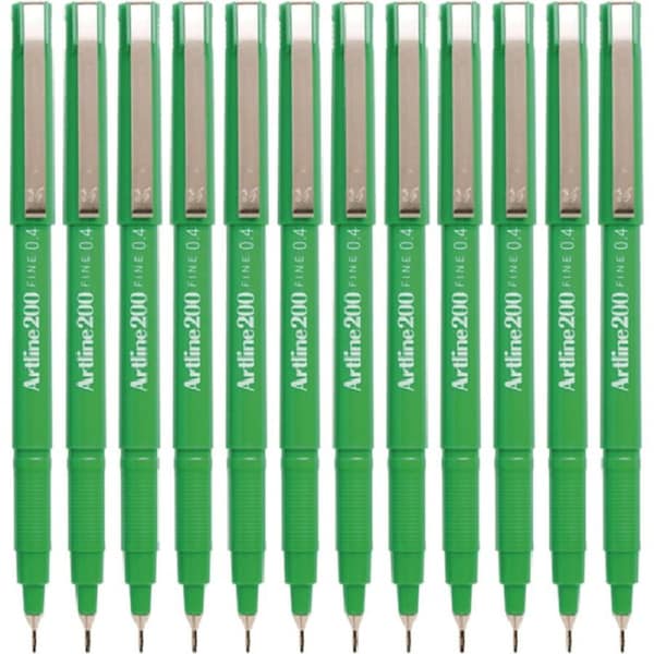 Artline 200 Fineliner Felt Tip Pen 0.4mm Green Box 12