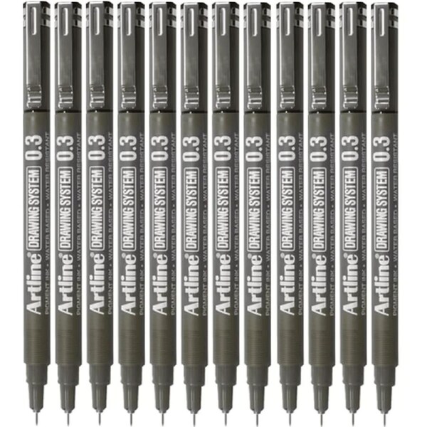 Artline 233 Drawing System Pen 0.3mm Black Pigment Ink Water Resistant Box 12